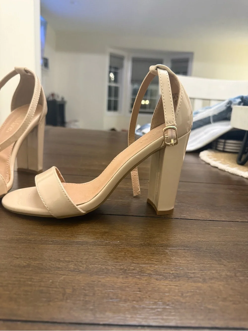Bella Marie Beige Patent Ankle-Strap Block Heels